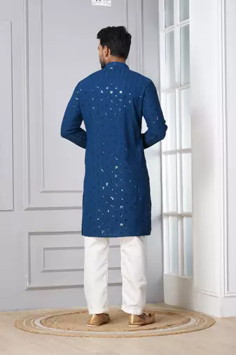 Blue embroidery sequence kurta pyjama set for festive, reception, weddings