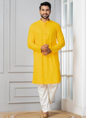 Yellow embroidery sequence kurta pyjama set for festive, reception, weddings 1
