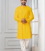 Yellow embroidery sequence kurta pyjama set for festive, reception, weddings
