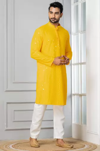Yellow embroidery sequence kurta pyjama set for festive, reception, weddings