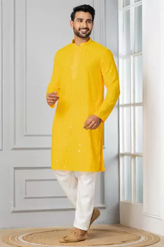 Yellow embroidery sequence kurta pyjama set for festive, reception, weddings