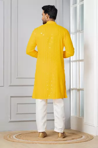 Yellow embroidery sequence kurta pyjama set for festive, reception, weddings