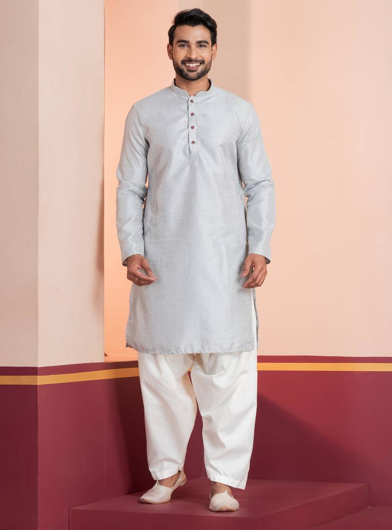 Grey embroidery bangalorian kurta patiala set for festive, reception, weddings