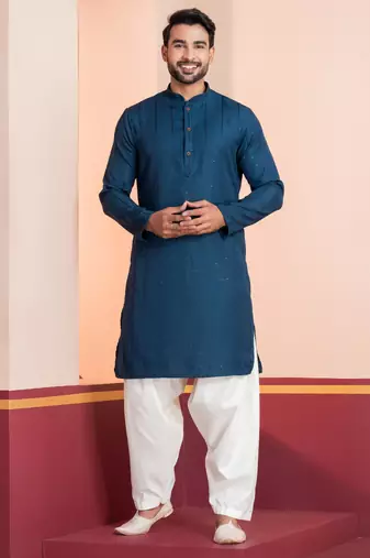 Blue embroidery bangalorian kurta patiala set for festive, reception, weddings