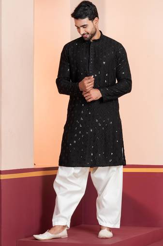 Black embroidery sequence kurta patiala set for festive, reception, weddings