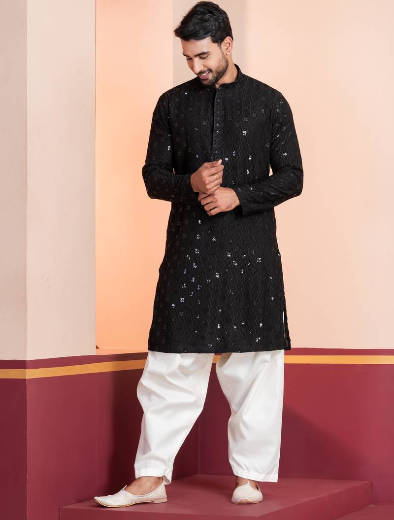 Black embroidery sequence kurta patiala set for festive, reception, weddings