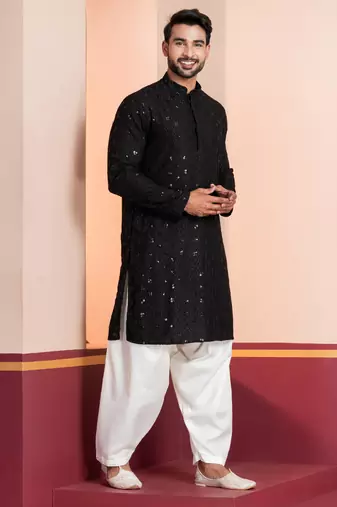 Black embroidery sequence kurta patiala set for festive, reception, weddings