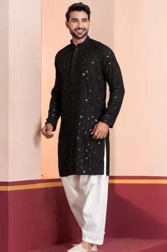 Black embroidery sequence kurta patiala set for festive, reception, weddings