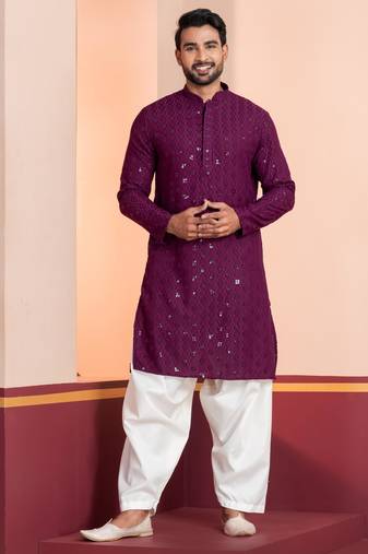Purple embroidery sequence kurta patiala set for festive, reception, weddings