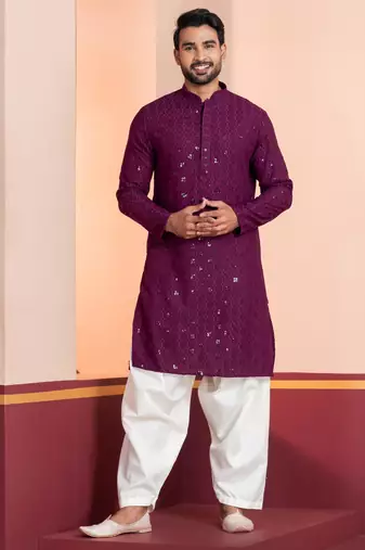 Purple embroidery sequence kurta patiala set for festive, reception, weddings