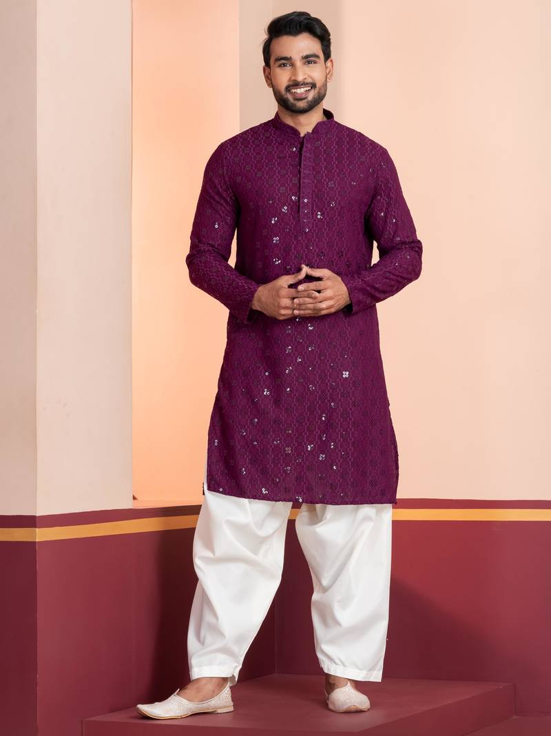 Purple embroidery sequence kurta patiala set for festive, reception, weddings