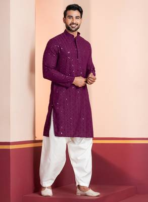 Purple embroidery sequence kurta patiala set for festive, reception, weddings 2