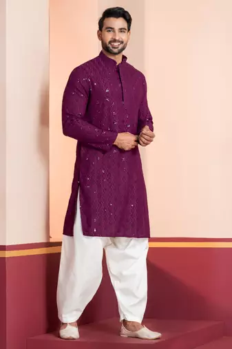 Purple embroidery sequence kurta patiala set for festive, reception, weddings