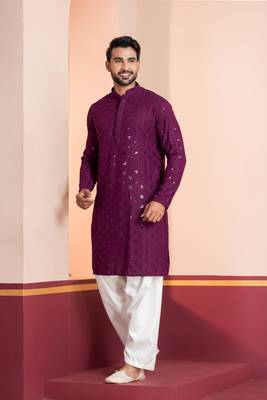 Purple embroidery sequence kurta patiala set for festive, reception, weddings 3