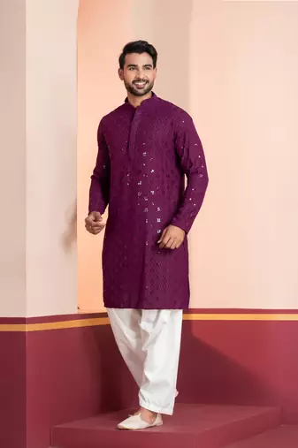 Purple embroidery sequence kurta patiala set for festive, reception, weddings