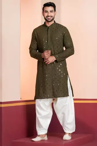 Olive embroidery sequence kurta patiala set for festive, reception, weddings