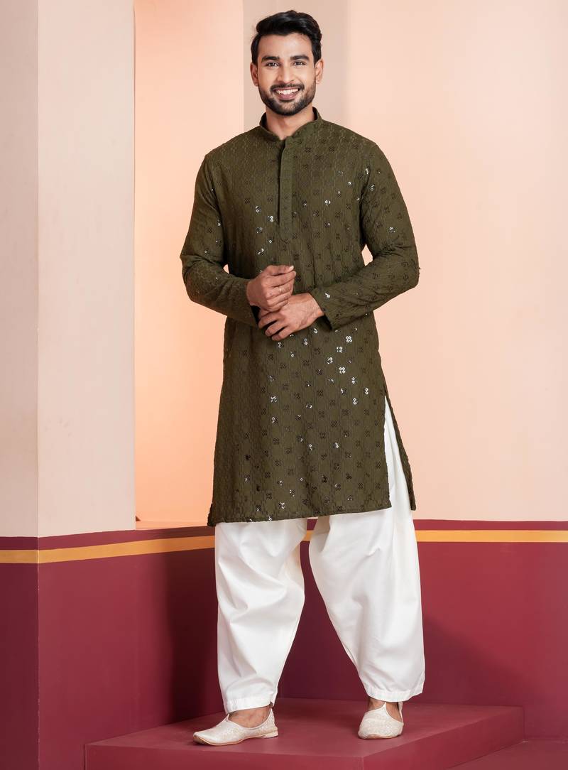Olive embroidery sequence kurta patiala set for festive, reception, weddings