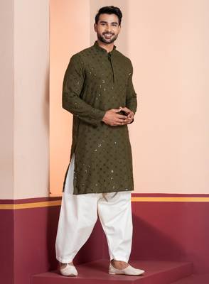 Olive embroidery sequence kurta patiala set for festive, reception, weddings 2