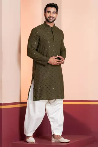 Olive embroidery sequence kurta patiala set for festive, reception, weddings