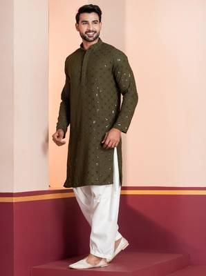 Olive embroidery sequence kurta patiala set for festive, reception, weddings 3
