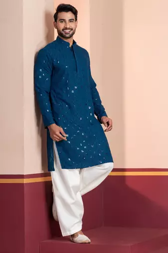Blue embroidery sequence kurta patiala set for festive, reception, weddings