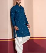 Blue embroidery sequence kurta patiala set for festive, reception, weddings