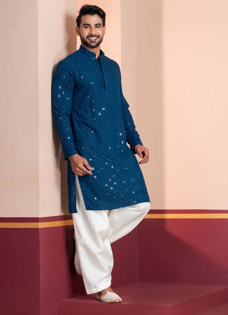 Blue embroidery sequence kurta patiala set for festive, reception, weddings