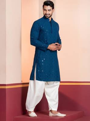 Blue embroidery sequence kurta patiala set for festive, reception, weddings 2