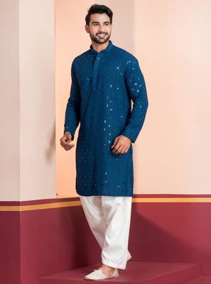 Blue embroidery sequence kurta patiala set for festive, reception, weddings 3