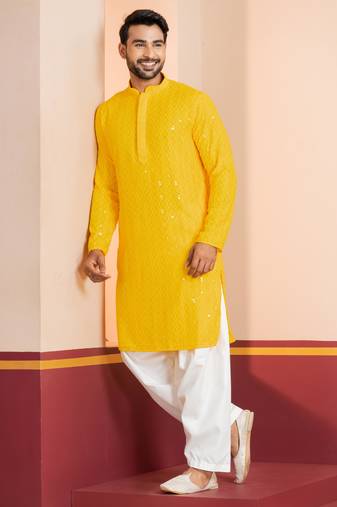 Yellow embroidery sequence kurta patiala set for festive, reception, weddings