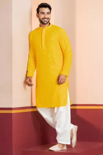 Yellow embroidery sequence kurta patiala set for festive, reception, weddings