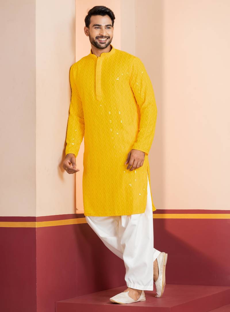 Yellow embroidery sequence kurta patiala set for festive, reception, weddings