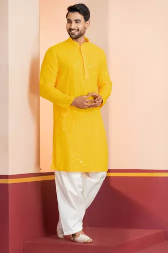 Yellow embroidery sequence kurta patiala set for festive, reception, weddings