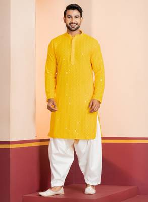 Yellow embroidery sequence kurta patiala set for festive, reception, weddings 3