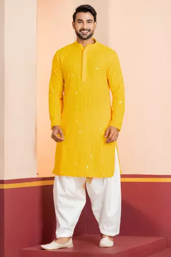 Yellow embroidery sequence kurta patiala set for festive, reception, weddings