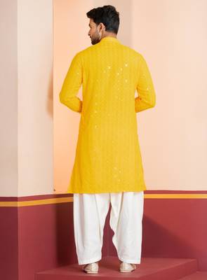 Yellow embroidery sequence kurta patiala set for festive, reception, weddings 4