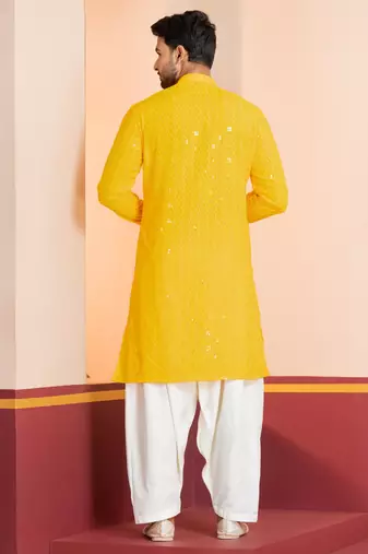 Yellow embroidery sequence kurta patiala set for festive, reception, weddings