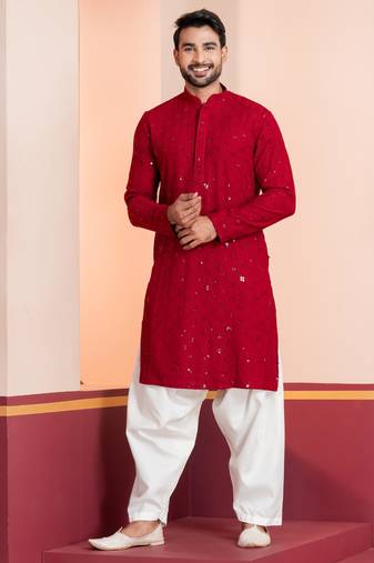Red embroidery sequence kurta patiala set for festive, reception, weddings