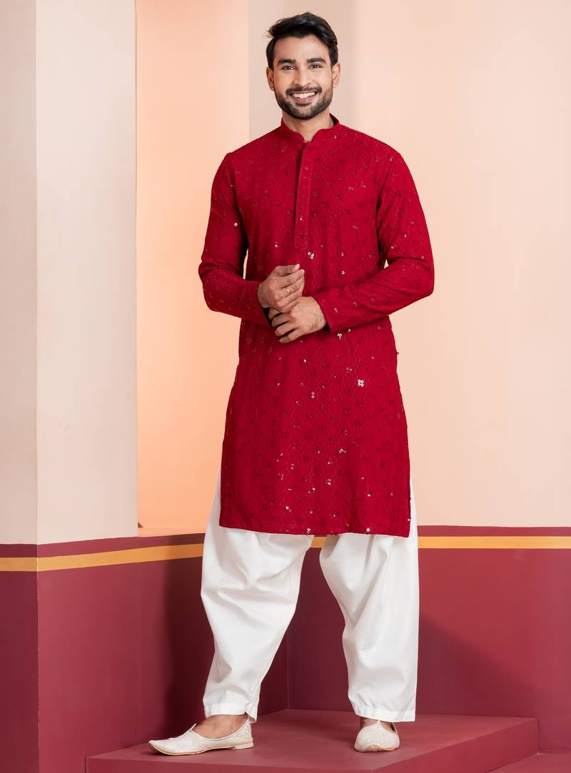 Red embroidery sequence kurta patiala set for festive, reception, weddings