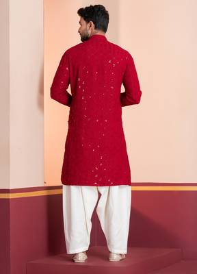 Red embroidery sequence kurta patiala set for festive, reception, weddings 4