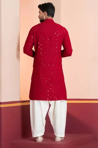 Red embroidery sequence kurta patiala set for festive, reception, weddings