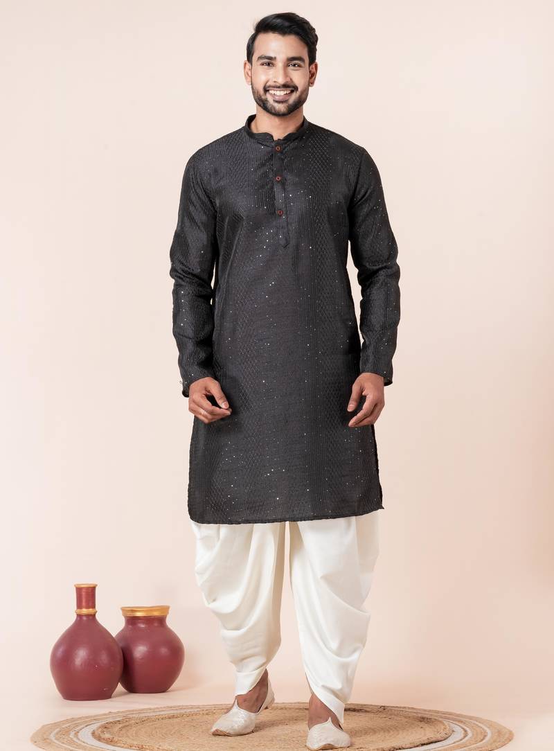 Black embroidery bangalorian kurta dhoti set for festive, reception, weddings