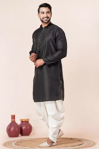 Black embroidery bangalorian kurta dhoti set for festive, reception, weddings