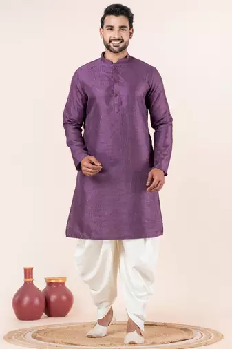 Purple embroidery bangalorian kurta dhoti set for festive, reception, weddings