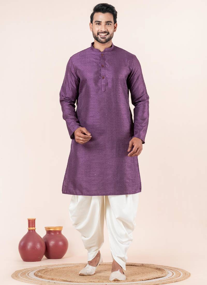 Purple embroidery bangalorian kurta dhoti set for festive, reception, weddings