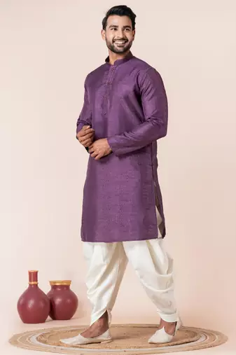 Purple embroidery bangalorian kurta dhoti set for festive, reception, weddings