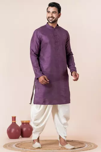 Purple embroidery bangalorian kurta dhoti set for festive, reception, weddings