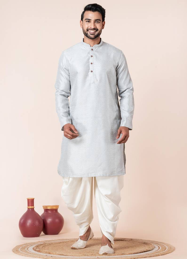Grey embroidery bangalorian kurta dhoti set for festive, reception, weddings