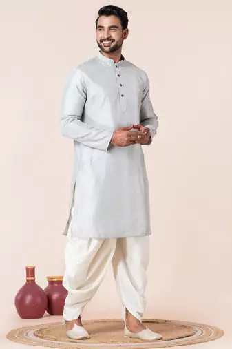 Grey embroidery bangalorian kurta dhoti set for festive, reception, weddings