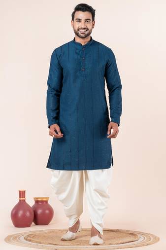 Blue embroidery bangalorian kurta dhoti set for festive, reception, weddings